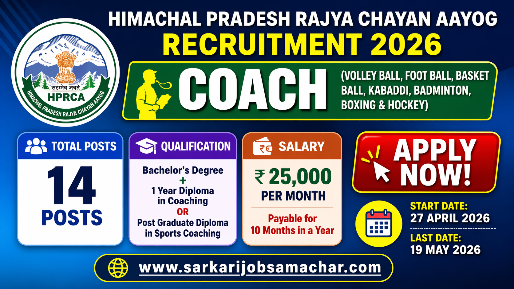 HPRCA Coach Recruitment 2026 - Apply Online for 14 Posts